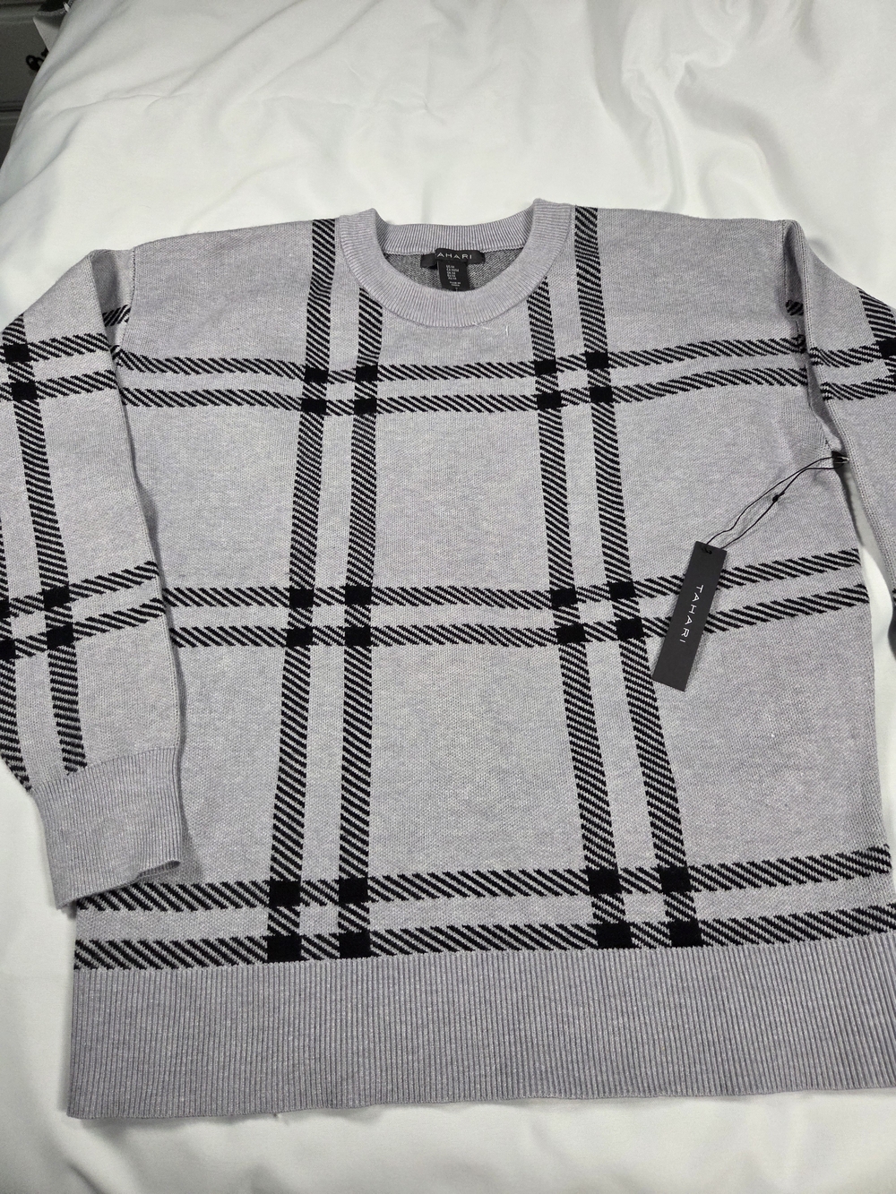 Tahari Gray Crewneck Sweater with Black Plaid